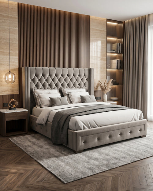 Classic Grey Velvet Diamond Tufted Wingback Bed Arris Concepts