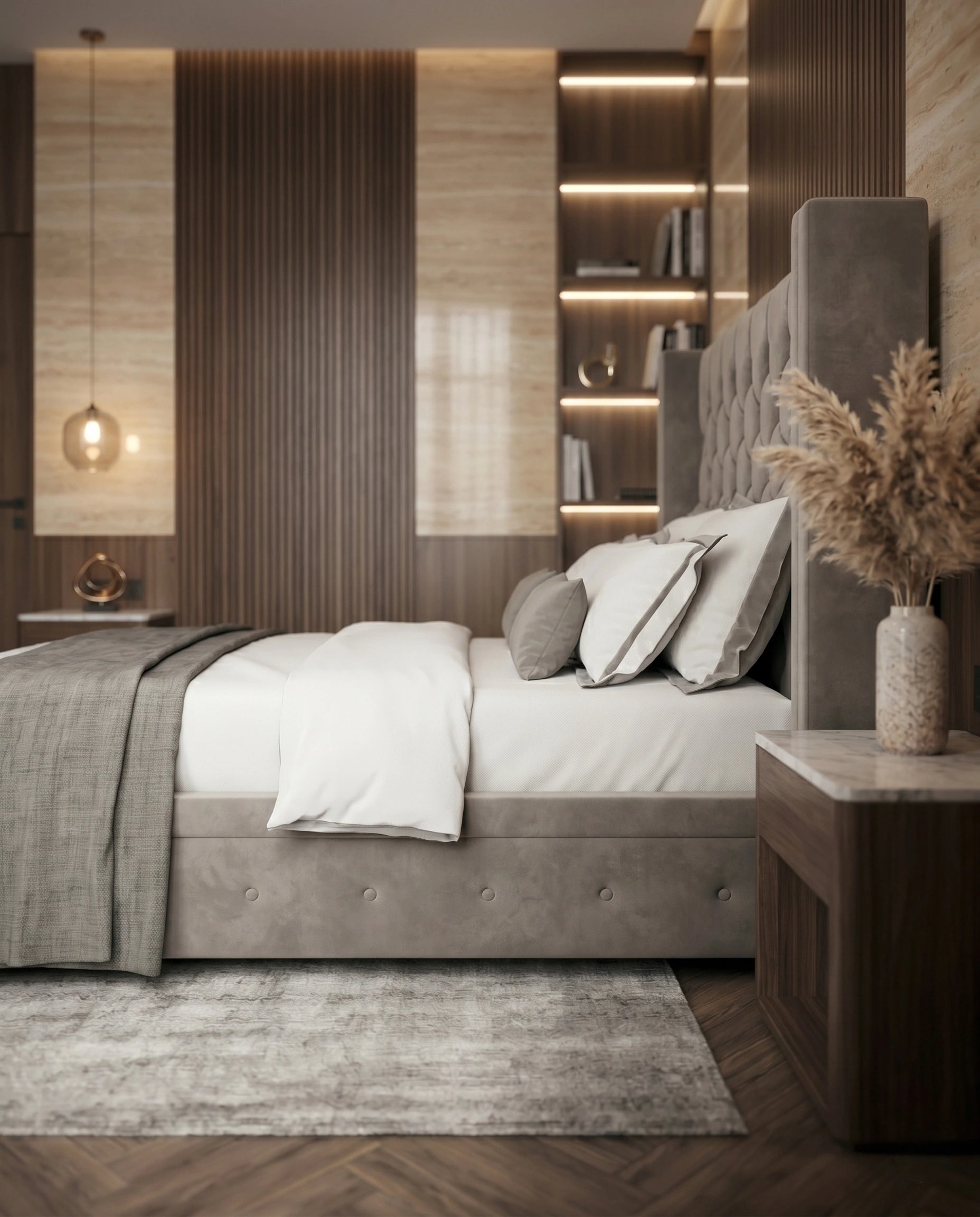 Classic Grey Velvet Diamond Tufted Wingback Bed Arris Concepts