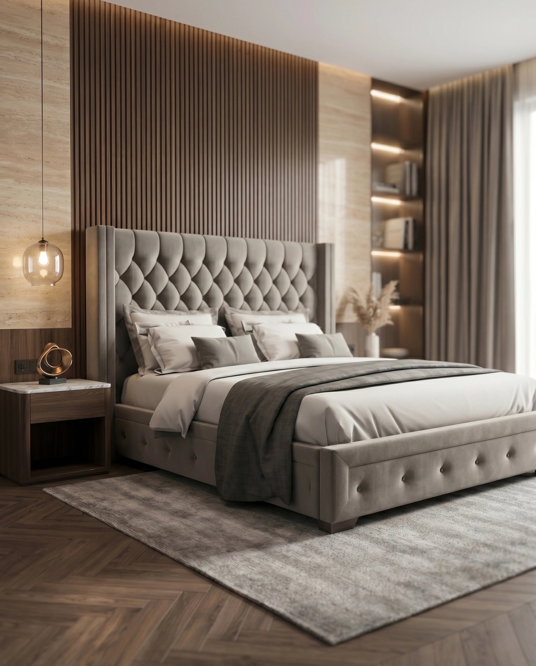 Classic Grey Velvet Diamond Tufted Wingback Bed Arris Concepts