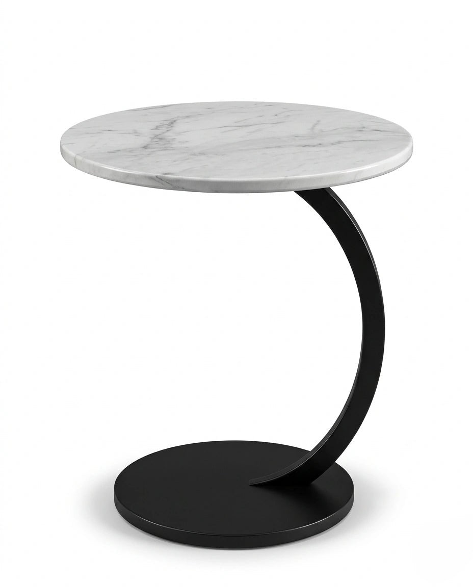 Modern stone side table and a black marble curved pedestal corner table by Arris Concepts Luxury Pvt. Ltd.