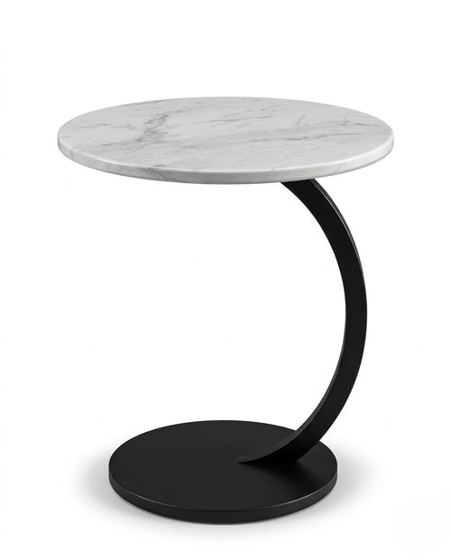 Modern stone side table and a black marble curved pedestal corner table by Arris Concepts Luxury Pvt. Ltd.