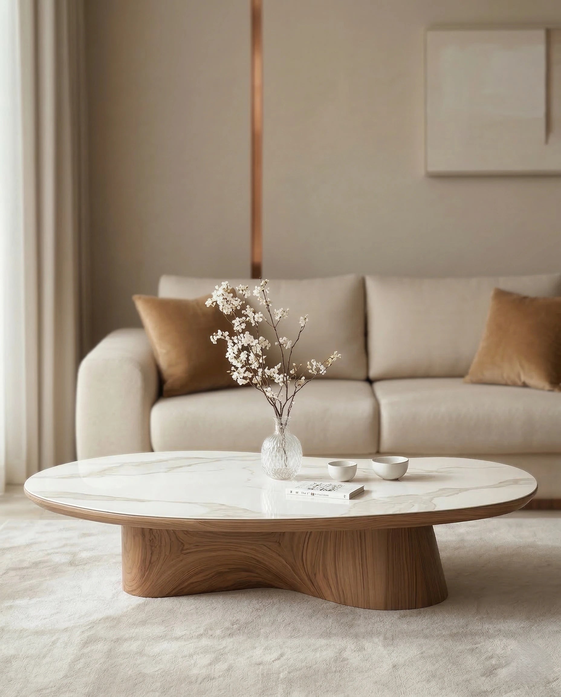 Luxury modern organic oval central table with a white stone finish by Arris Concepts