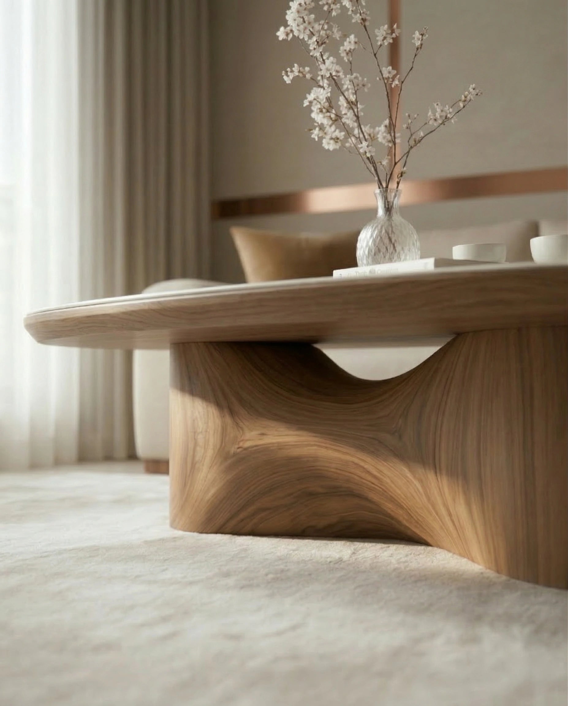 Luxury modern organic oval central table with a white stone finish by Arris Concepts