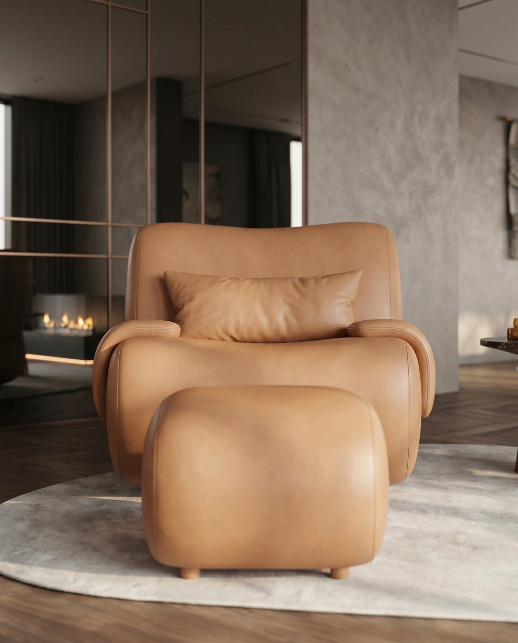Soft Modern Cognac Leather Lounge Chair & Ottoman Arris Concepts