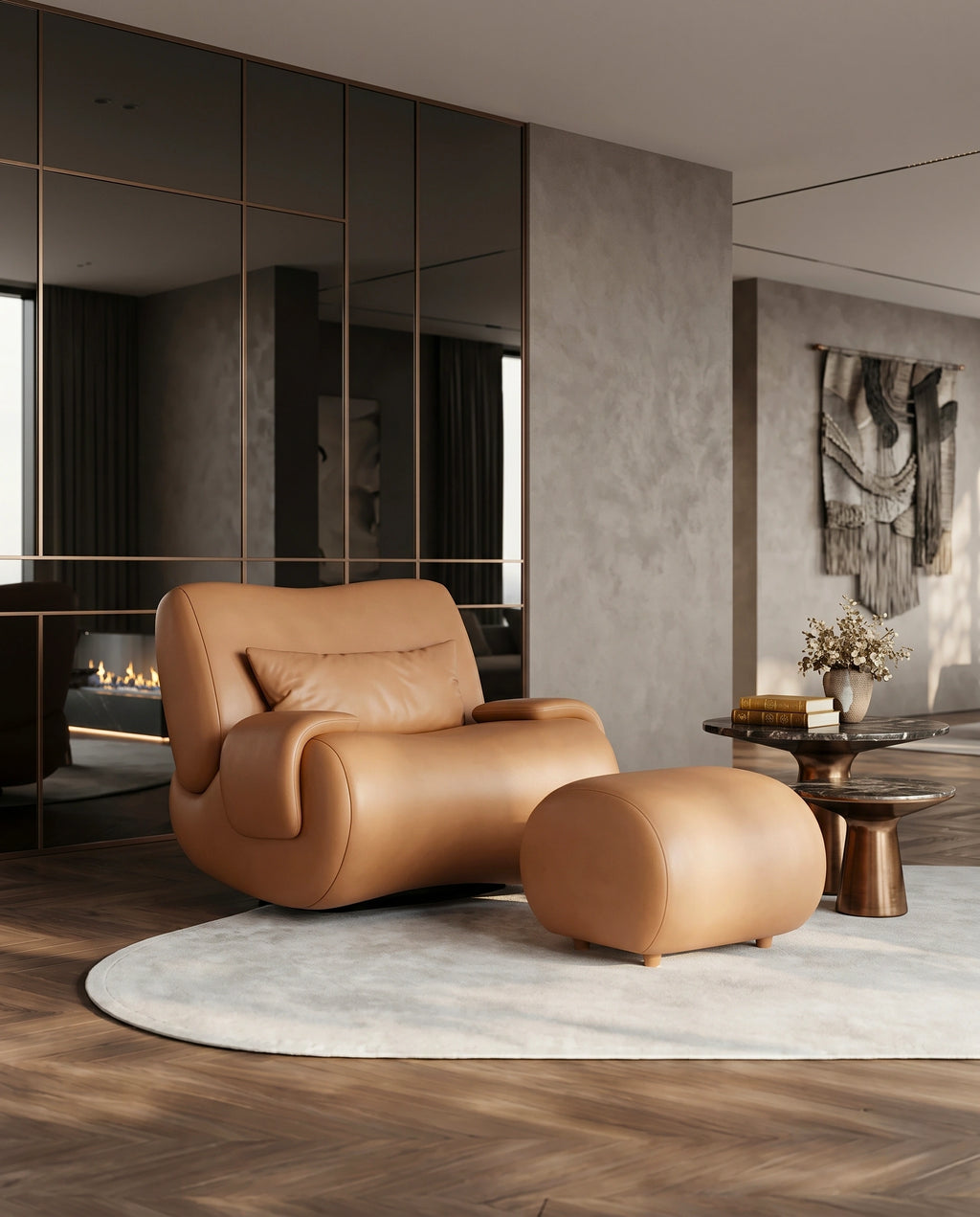 Soft Modern Cognac Leather Lounge Chair & Ottoman Arris Concepts