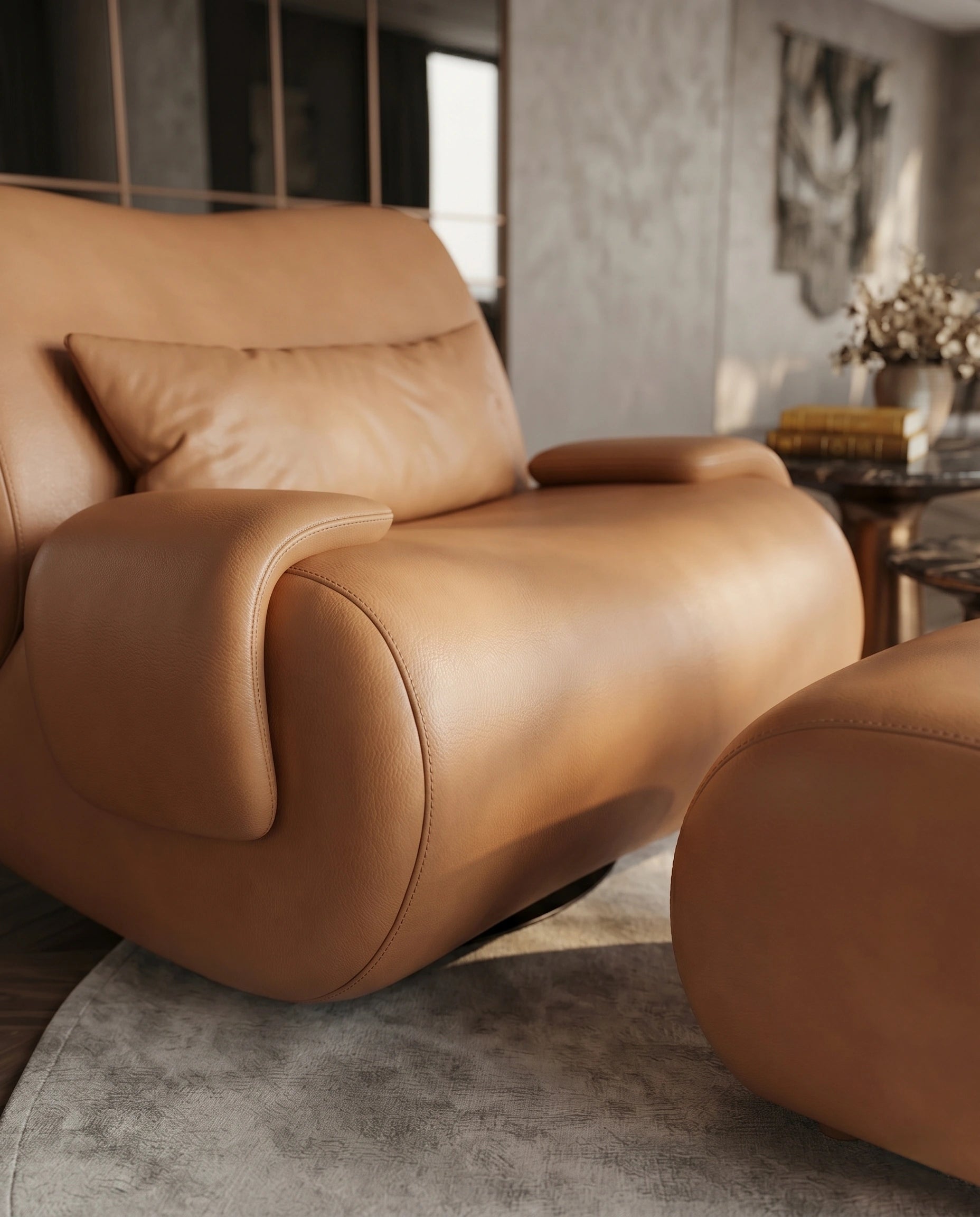 Soft Modern Cognac Leather Lounge Chair & Ottoman Arris Concepts
