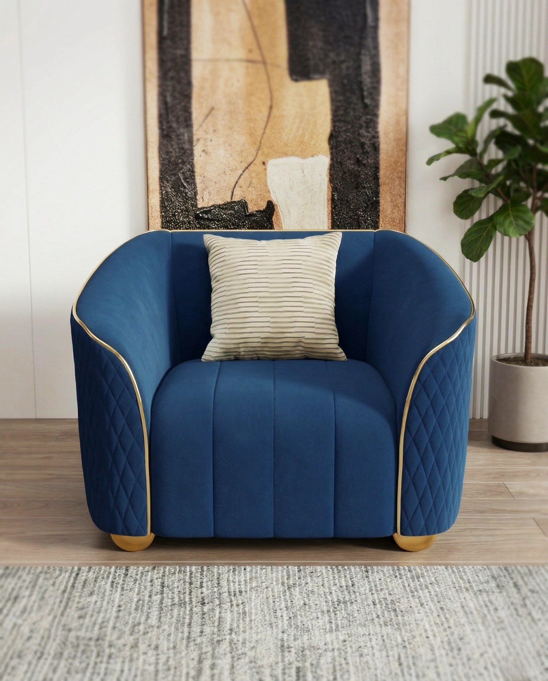 Beautiful premium blue velvet quilted armchair crafted by Arris Concepts Luxury Pvt. Ltd.