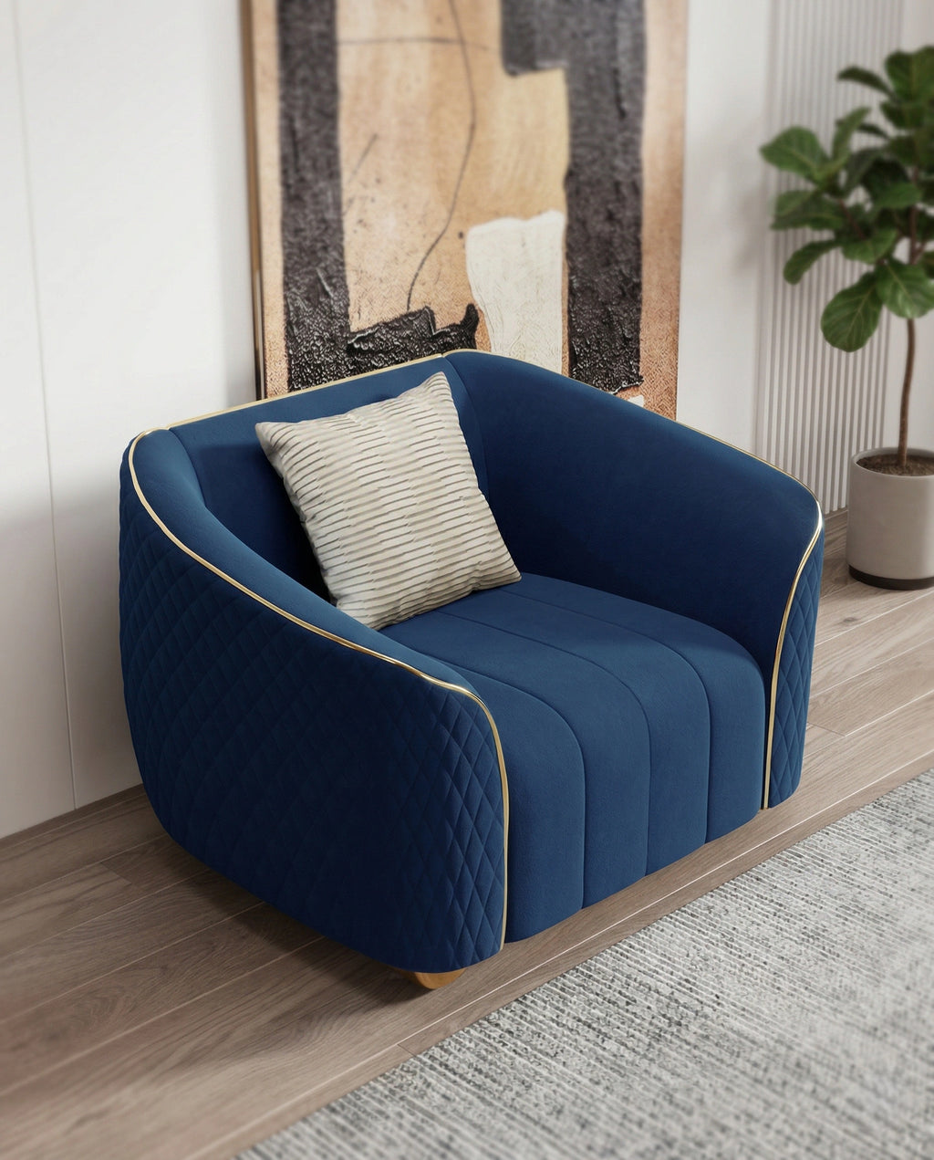 Beautiful premium blue velvet quilted armchair crafted by Arris Concepts Luxury Pvt. Ltd.