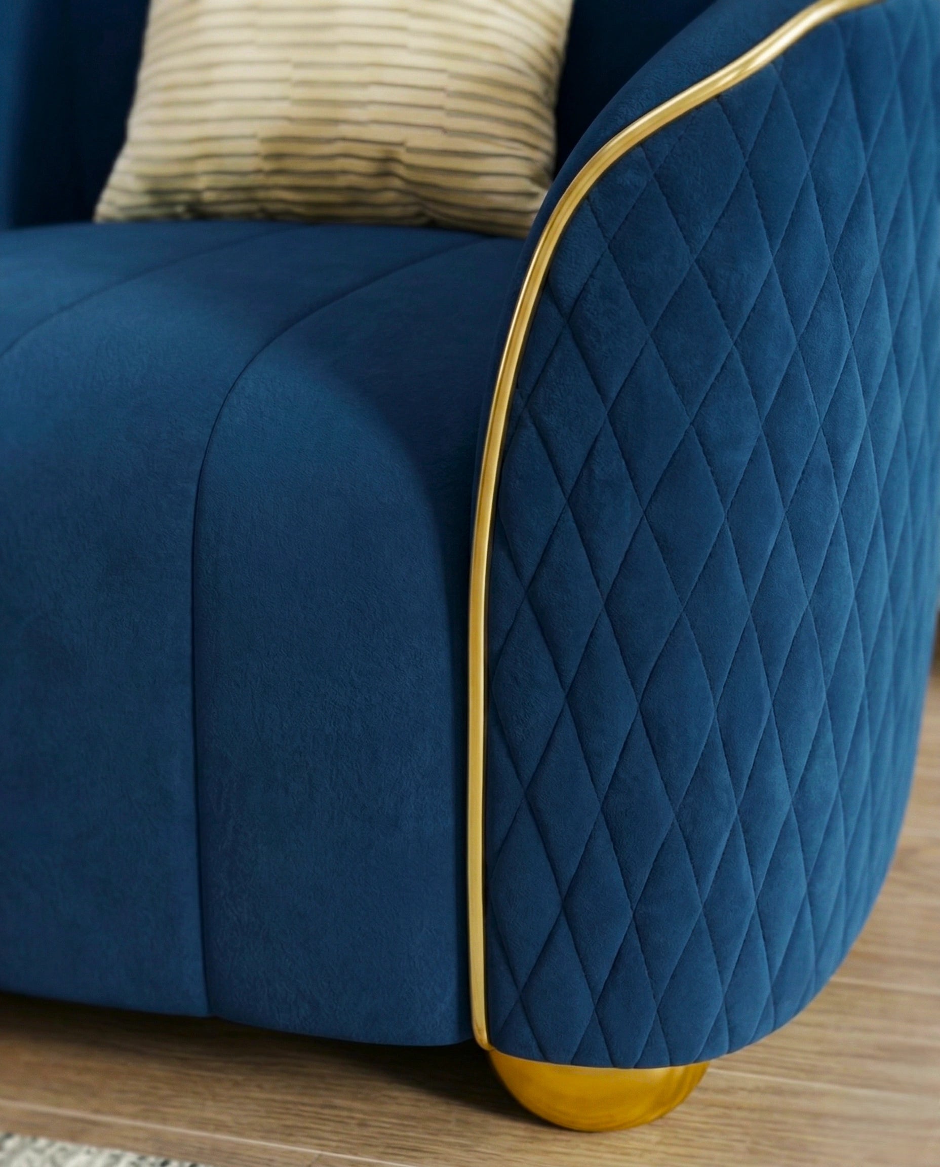 Beautiful premium blue velvet quilted armchair crafted by Arris Concepts Luxury Pvt. Ltd.