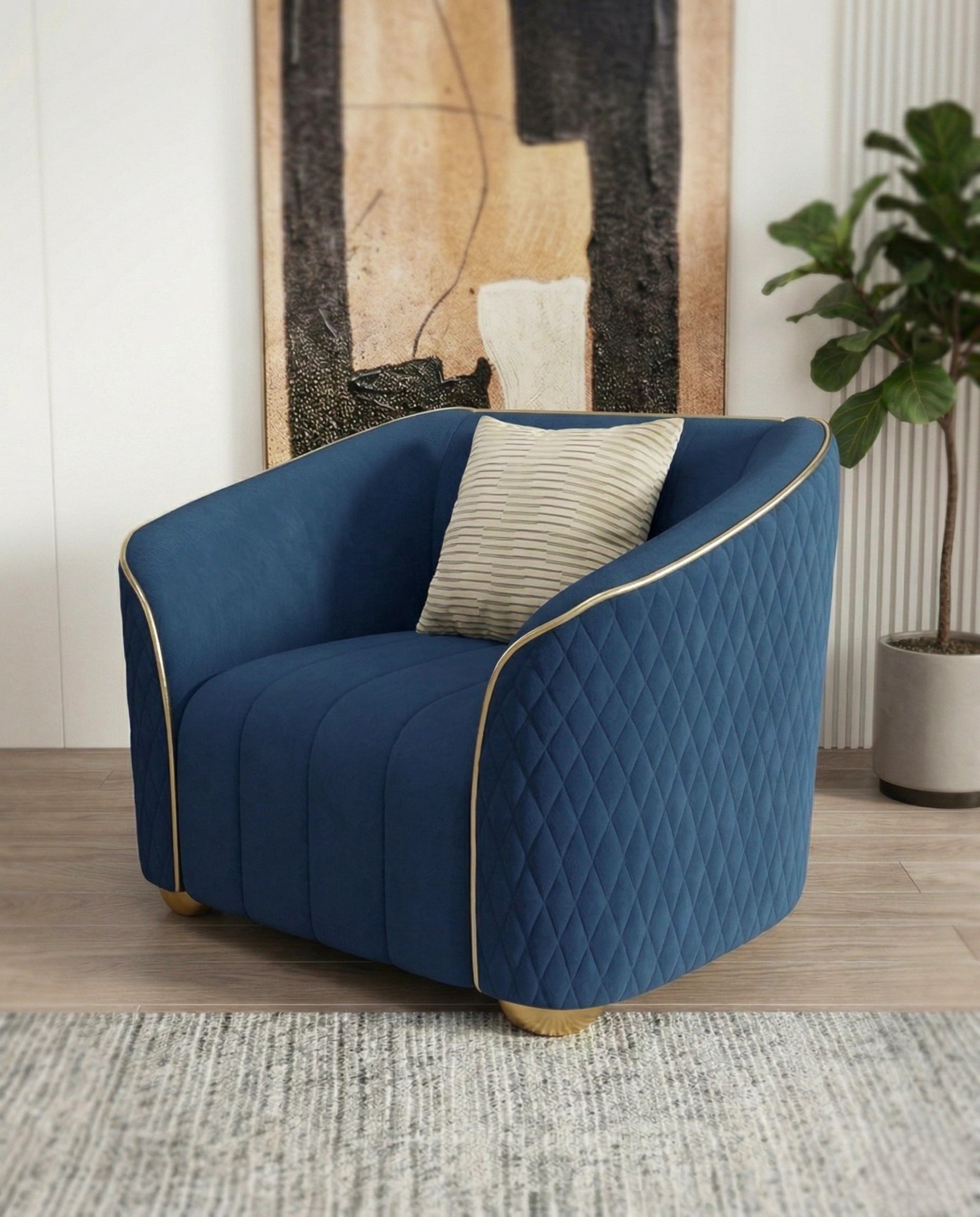 Beautiful premium blue velvet quilted armchair crafted by Arris Concepts Luxury Pvt. Ltd.