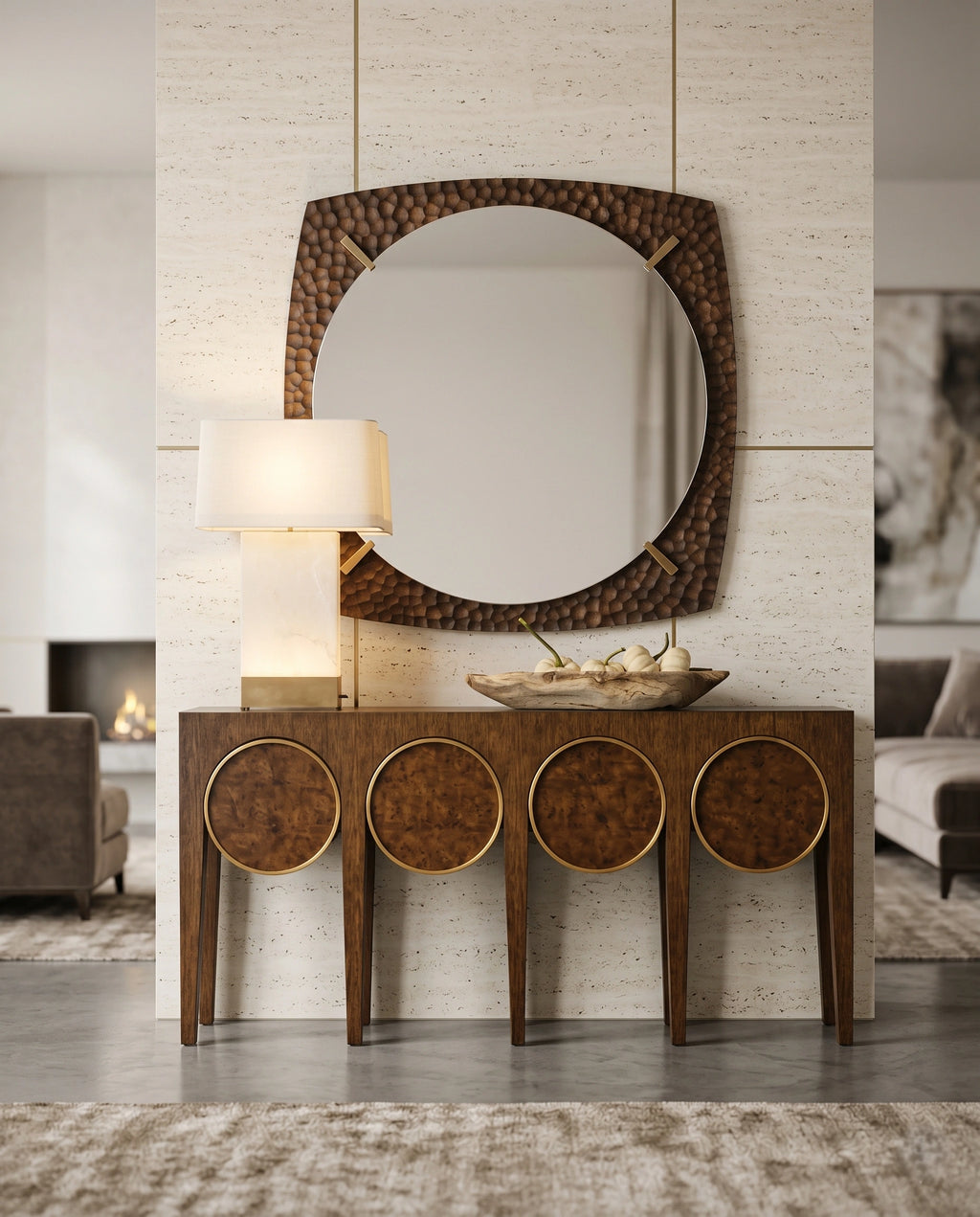 Architectural Burl Wood & Brass Geometric Console Table Arris Concepts