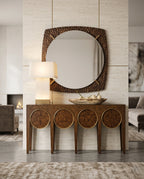 Architectural Burl Wood & Brass Geometric Console Table Arris Concepts