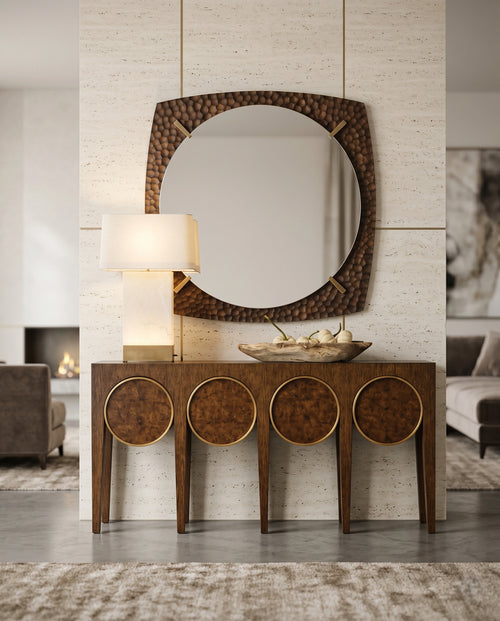 Architectural Burl Wood & Brass Geometric Console Table Arris Concepts