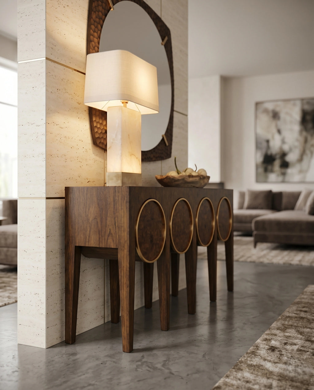Architectural Burl Wood & Brass Geometric Console Table Arris Concepts