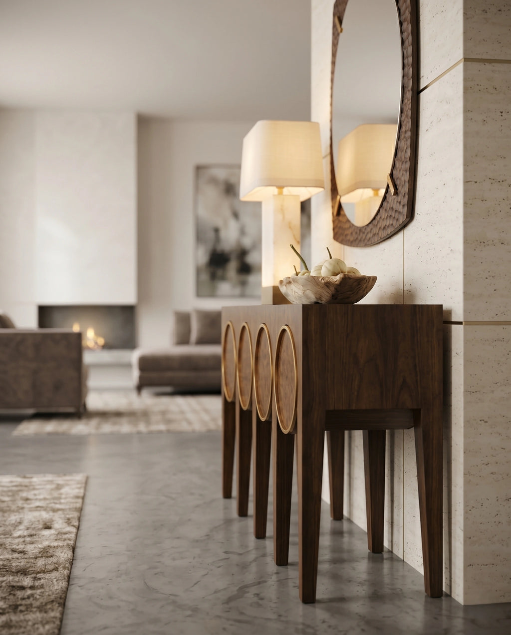 Architectural Burl Wood & Brass Geometric Console Table Arris Concepts