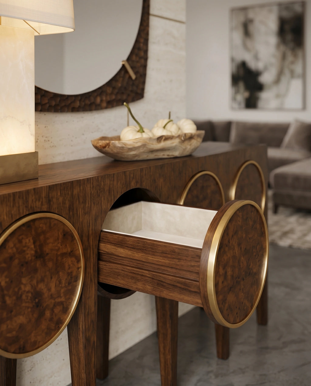 Architectural Burl Wood & Brass Geometric Console Table Arris Concepts
