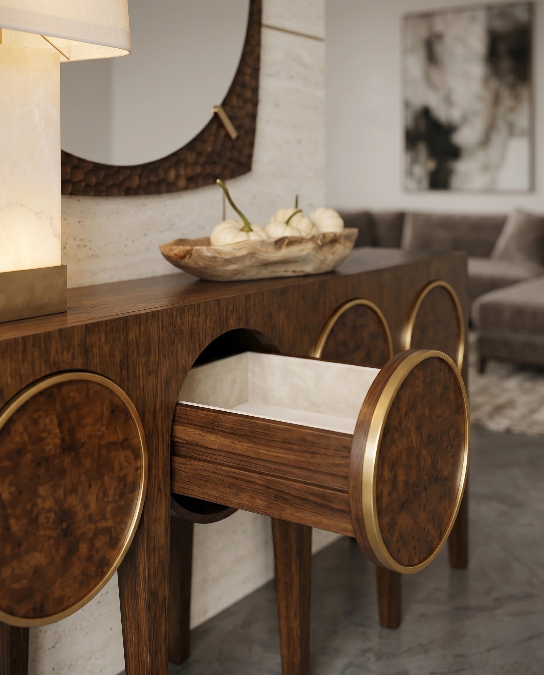 Architectural Burl Wood & Brass Geometric Console Table Arris Concepts