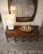Architectural Burl Wood & Brass Geometric Console Table Arris Concepts