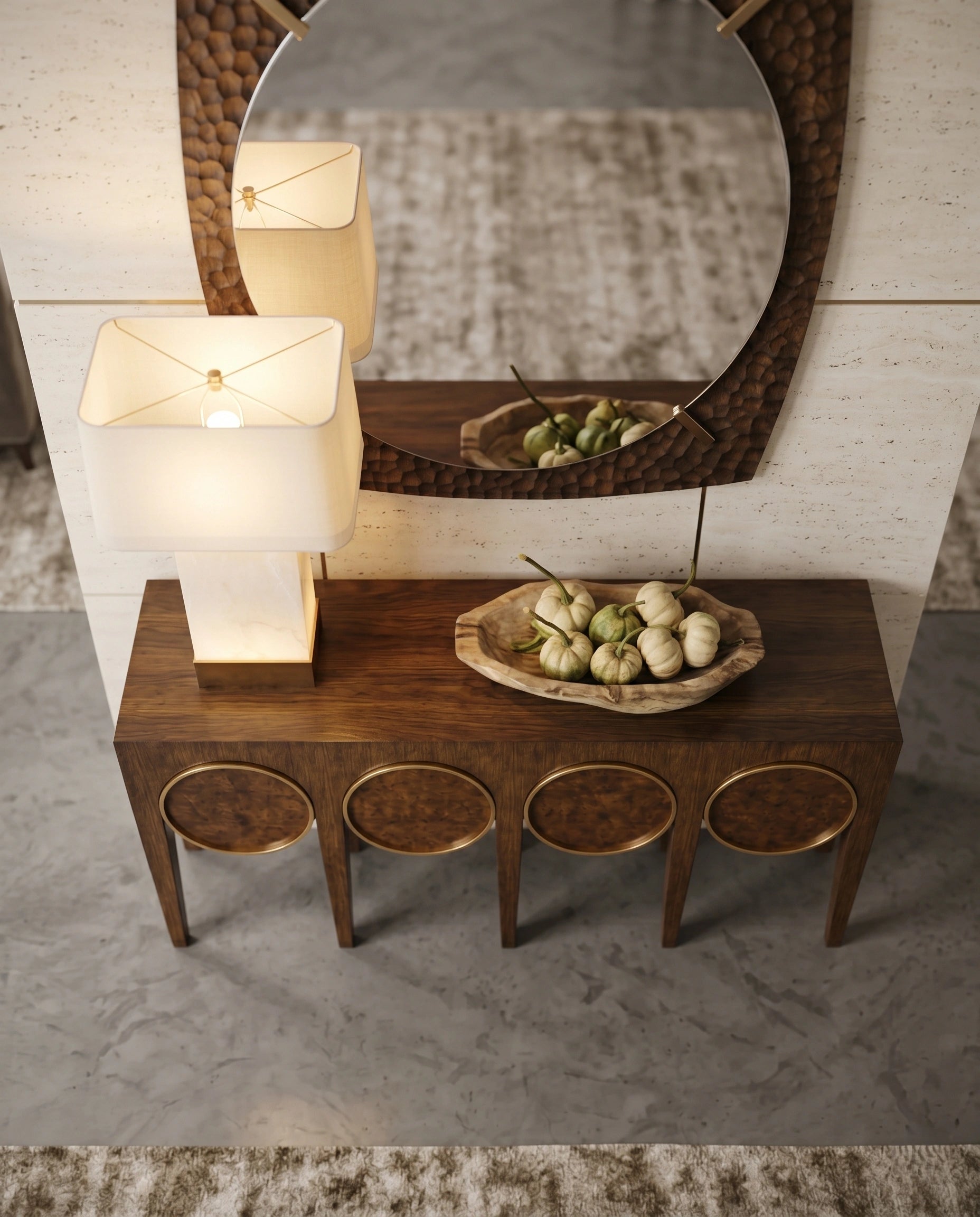 Architectural Burl Wood & Brass Geometric Console Table Arris Concepts