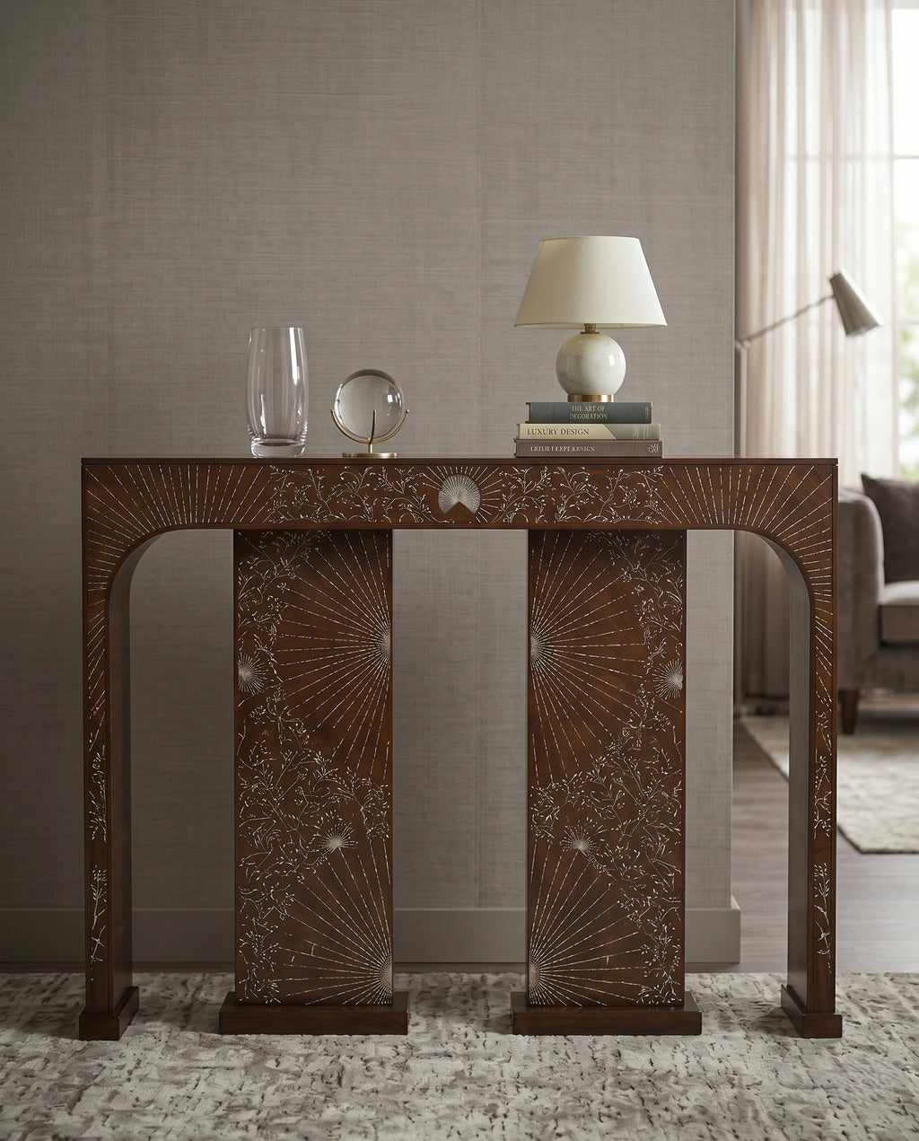 Artisanal Sunburst Inlay Wood Console Table Arris Concepts
