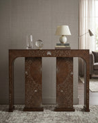 Artisanal Sunburst Inlay Wood Console Table Arris Concepts