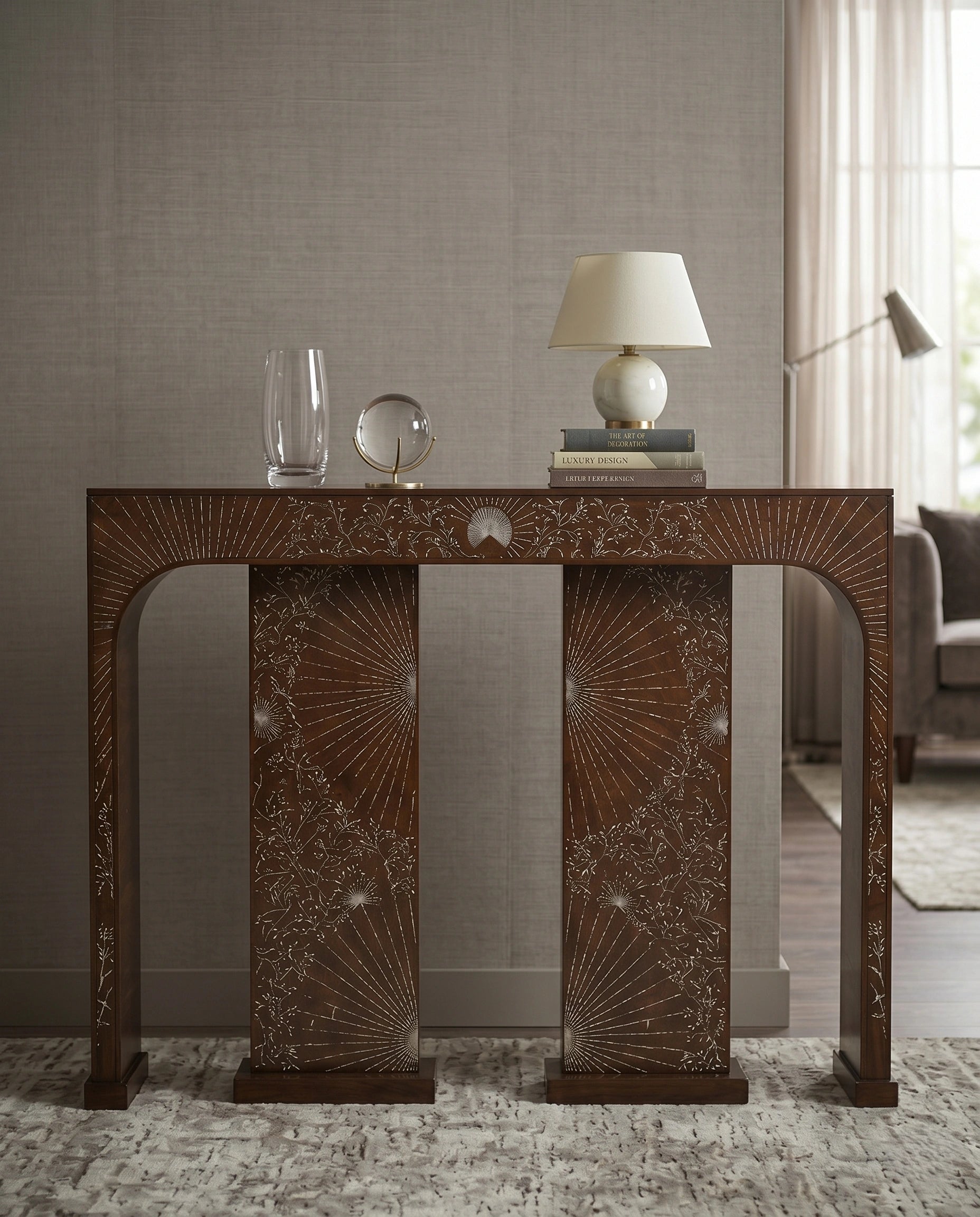 Artisanal Sunburst Inlay Wood Console Table Arris Concepts