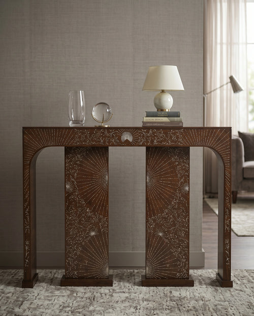 Artisanal Sunburst Inlay Wood Console Table Arris Concepts