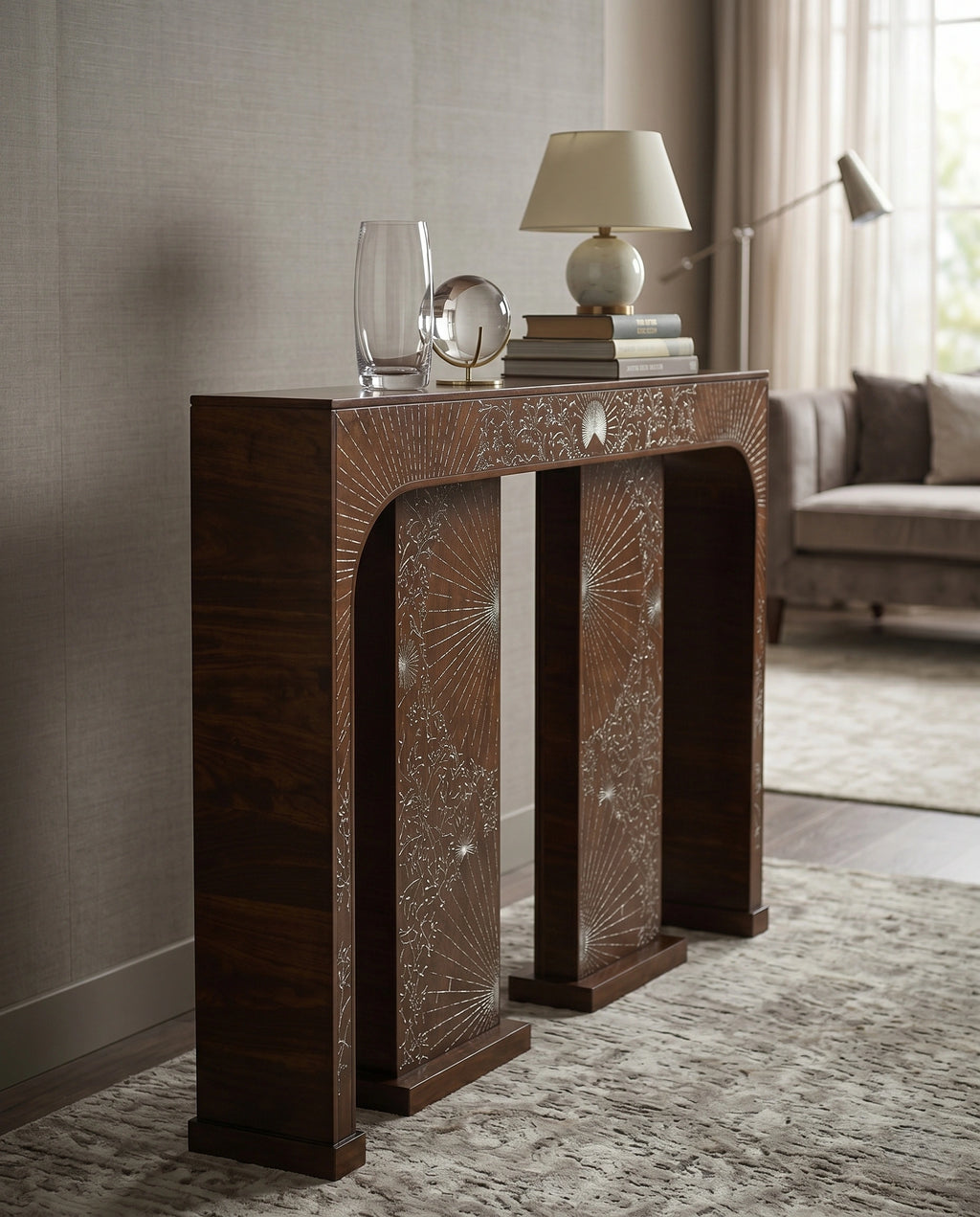 Artisanal Sunburst Inlay Wood Console Table Arris Concepts
