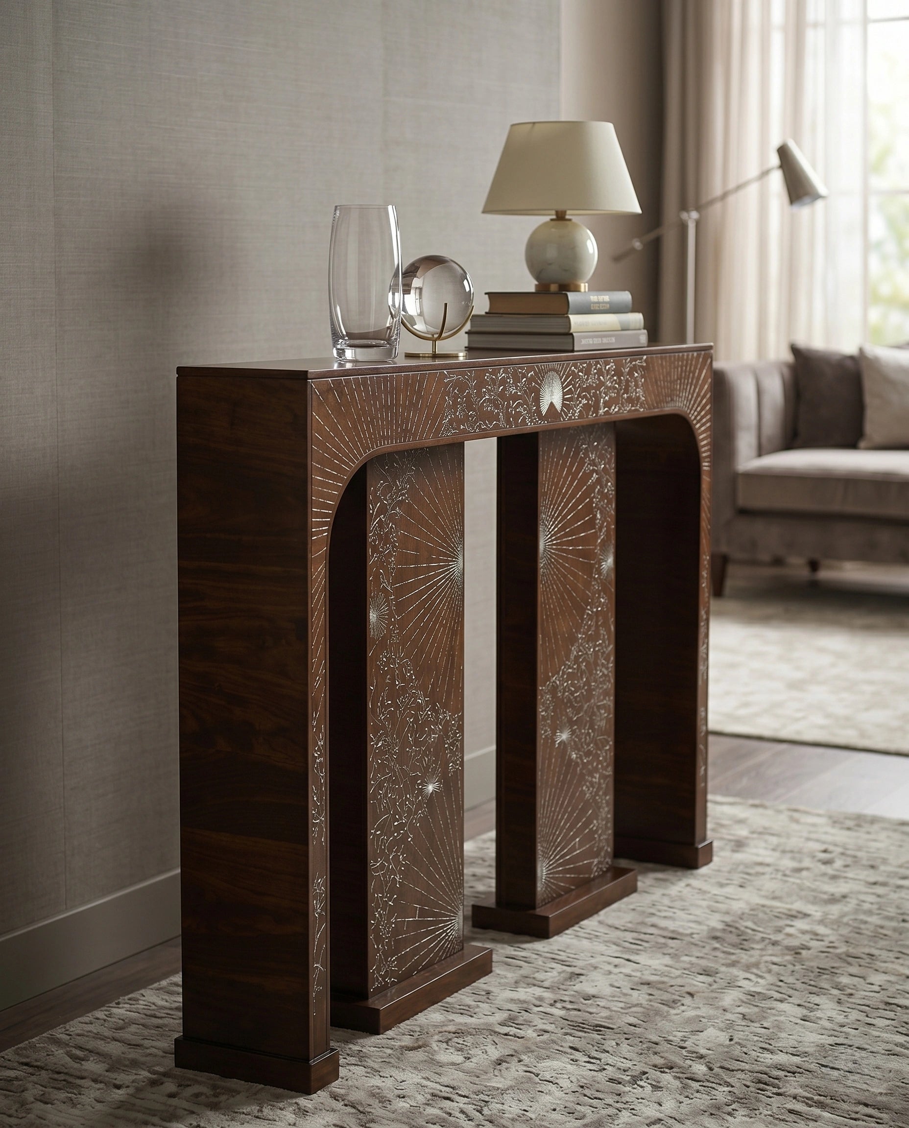 Artisanal Sunburst Inlay Wood Console Table Arris Concepts