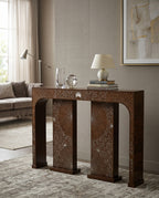 Artisanal Sunburst Inlay Wood Console Table Arris Concepts