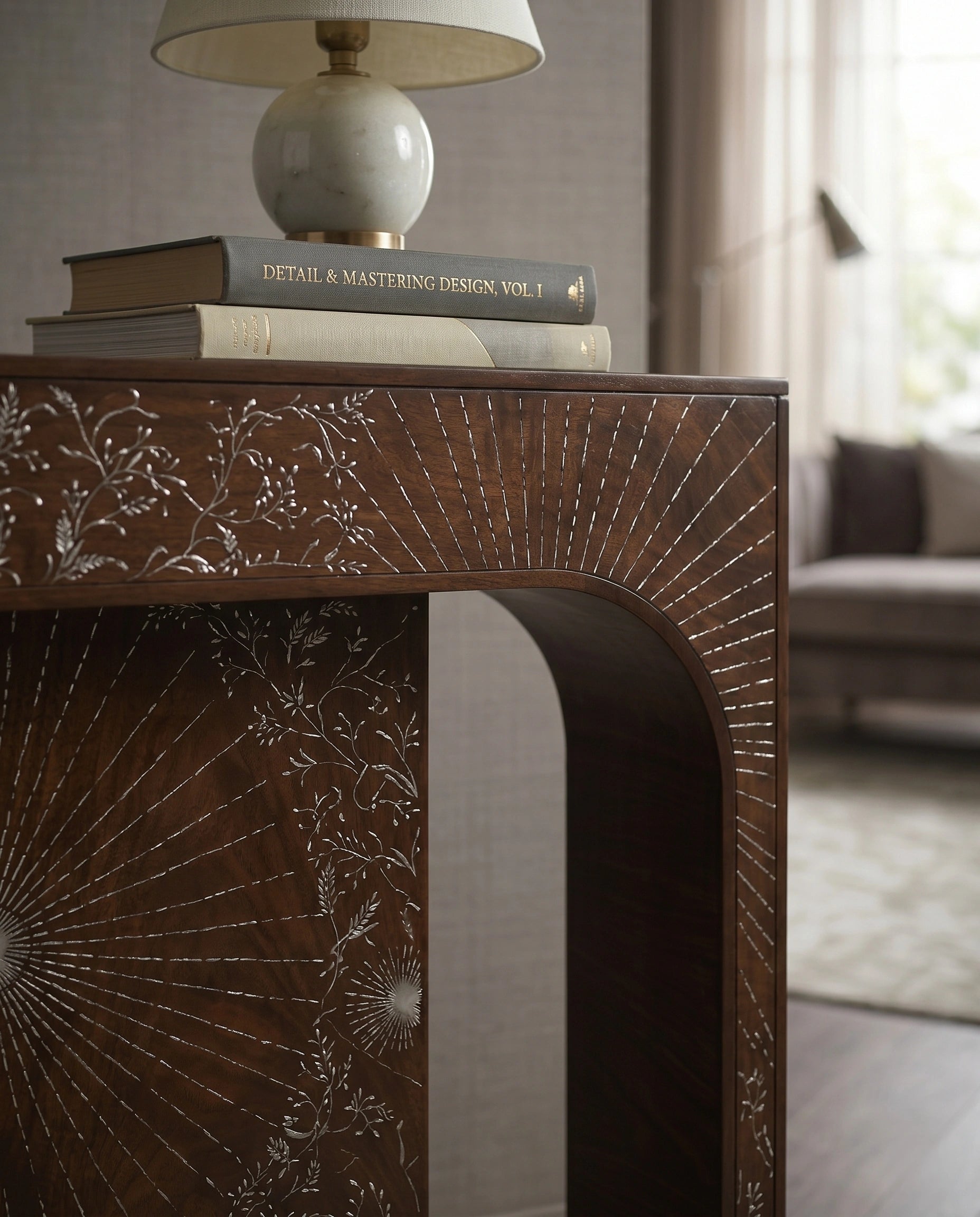 Artisanal Sunburst Inlay Wood Console Table Arris Concepts