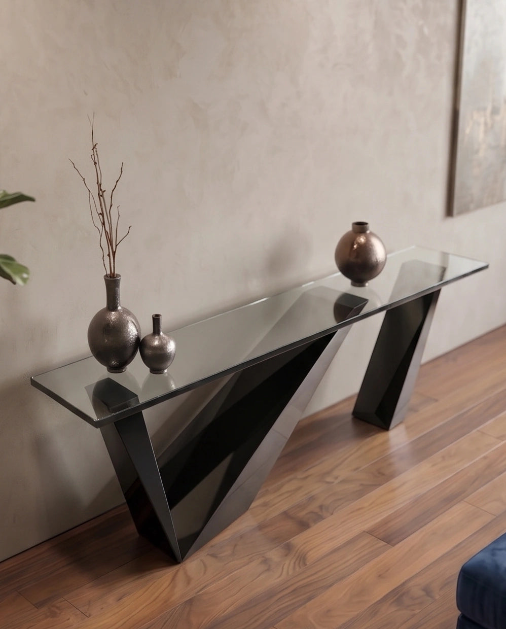 Sculptural Geometric High-Gloss Black & Glass Console Table Arris Concepts