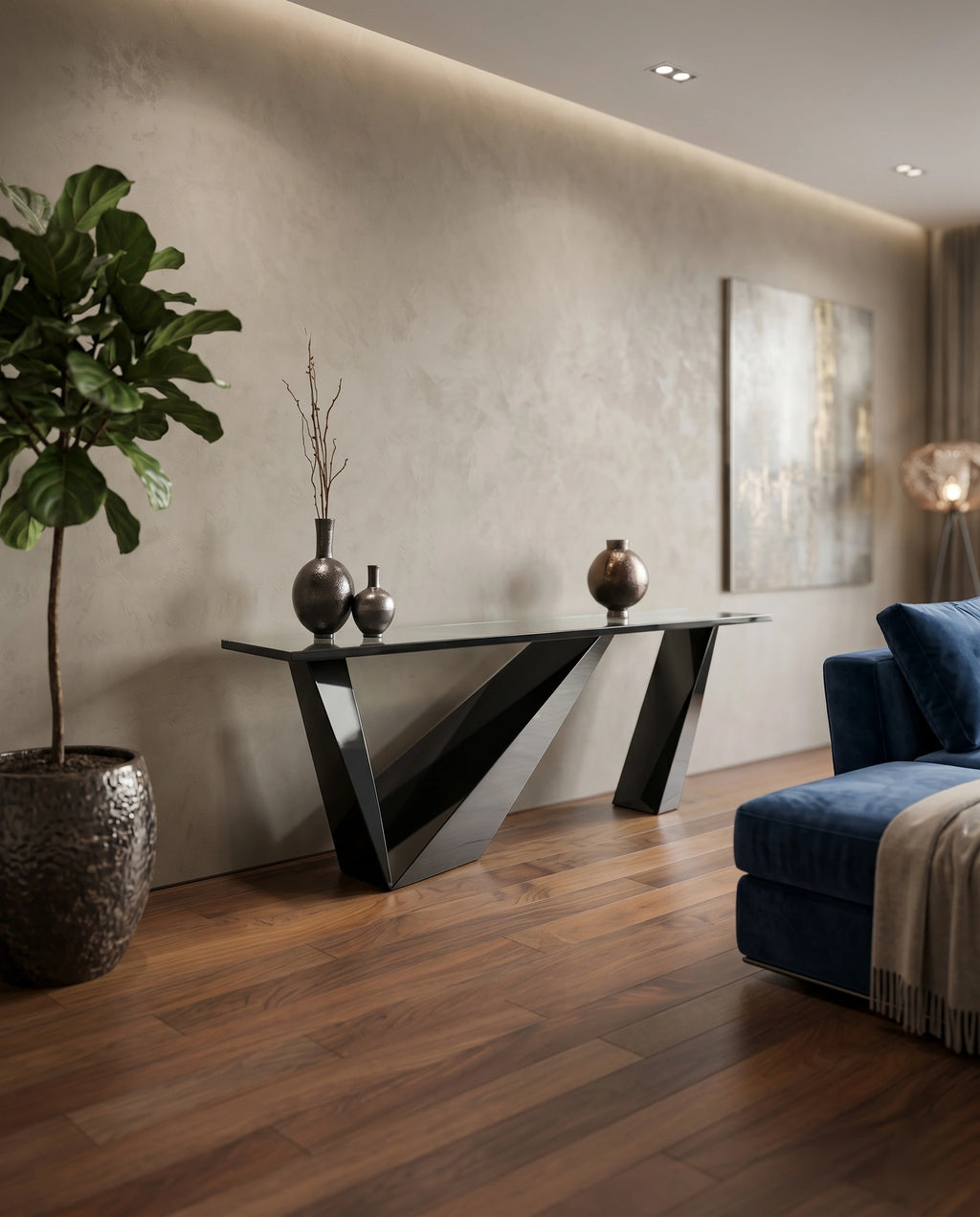 Sculptural Geometric High-Gloss Black & Glass Console Table Arris Concepts