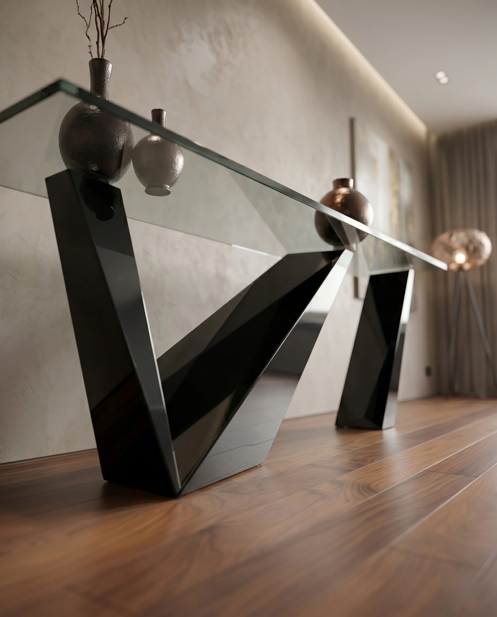 Sculptural Geometric High-Gloss Black & Glass Console Table Arris Concepts
