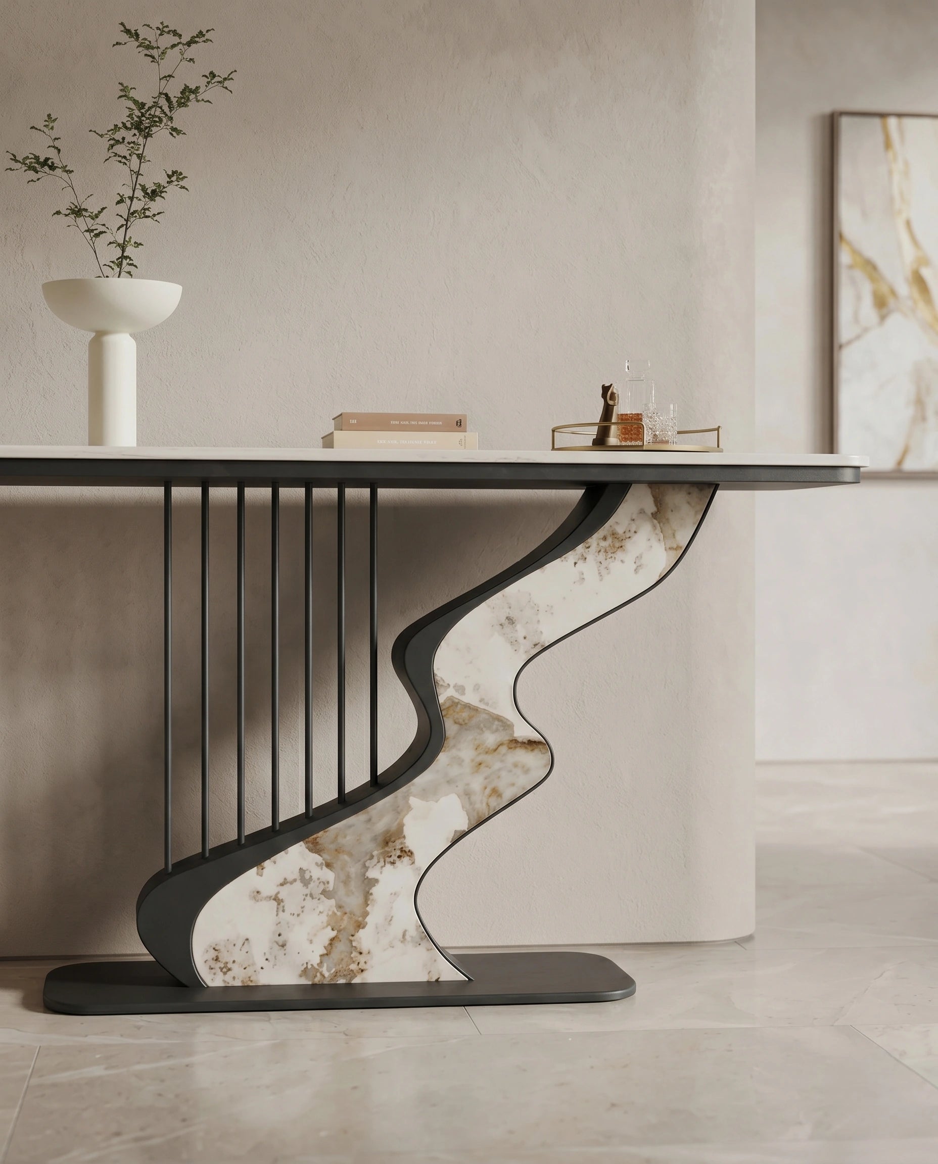 Sculptural Wave Onyx & Metal Asymmetrical Console Table Arris Concepts