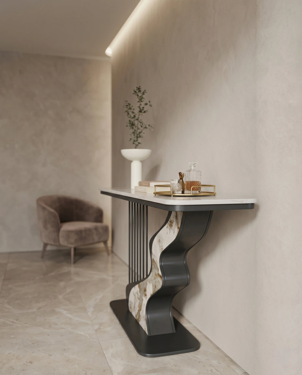 Sculptural Wave Onyx & Metal Asymmetrical Console Table Arris Concepts