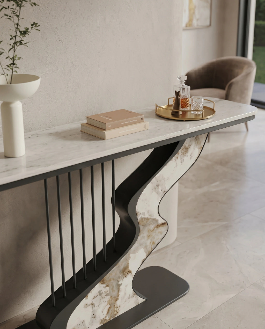 Sculptural Wave Onyx & Metal Asymmetrical Console Table Arris Concepts