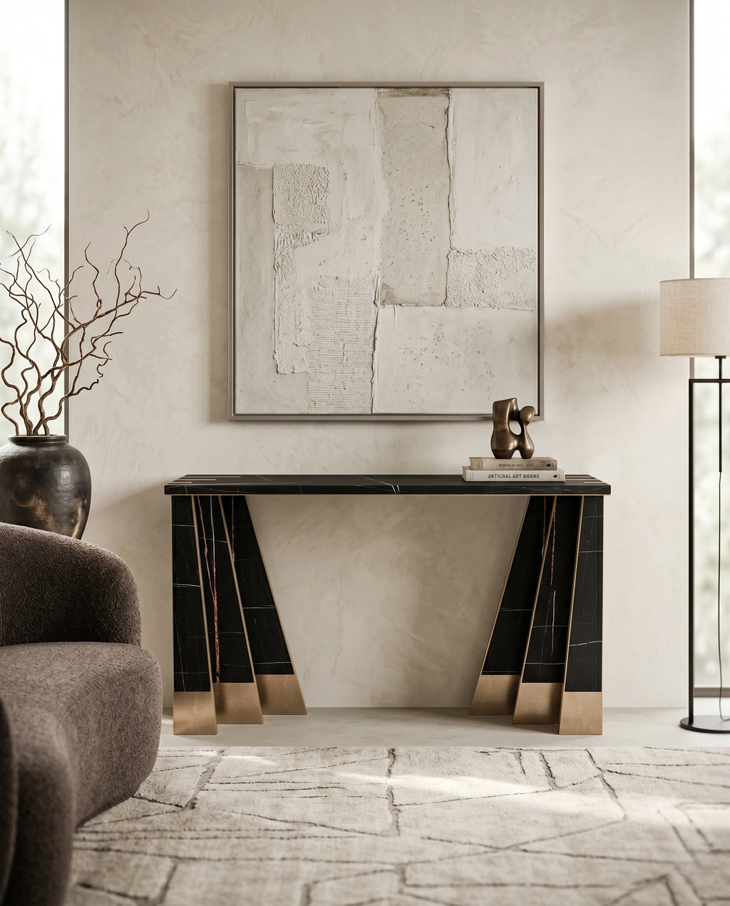 Art Deco Black Marble & Gold Geometric Console Table Arris Concepts