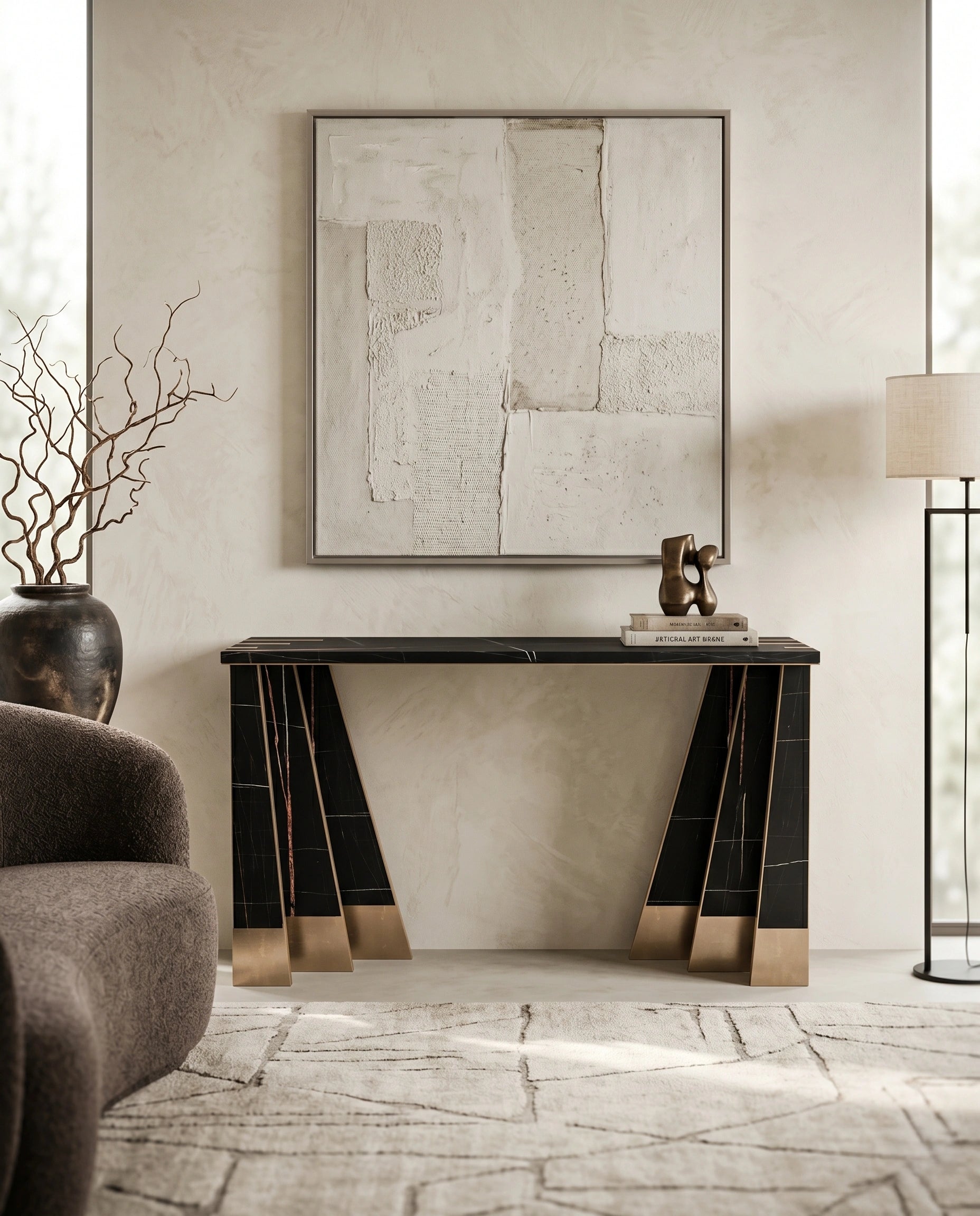 Art Deco Black Marble & Gold Geometric Console Table Arris Concepts