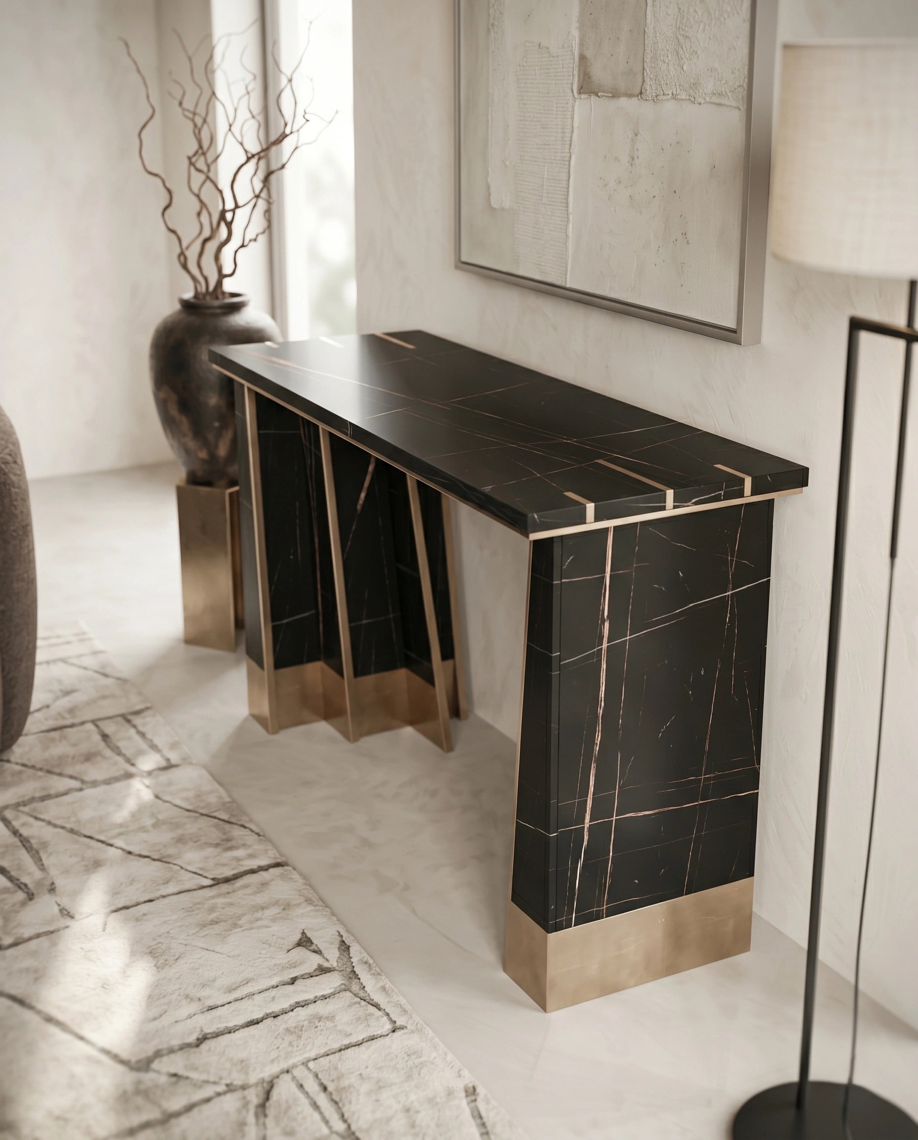 Art Deco Black Marble & Gold Geometric Console Table Arris Concepts