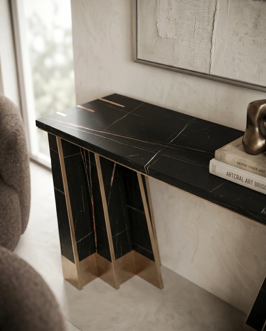Art Deco Black Marble & Gold Geometric Console Table Arris Concepts