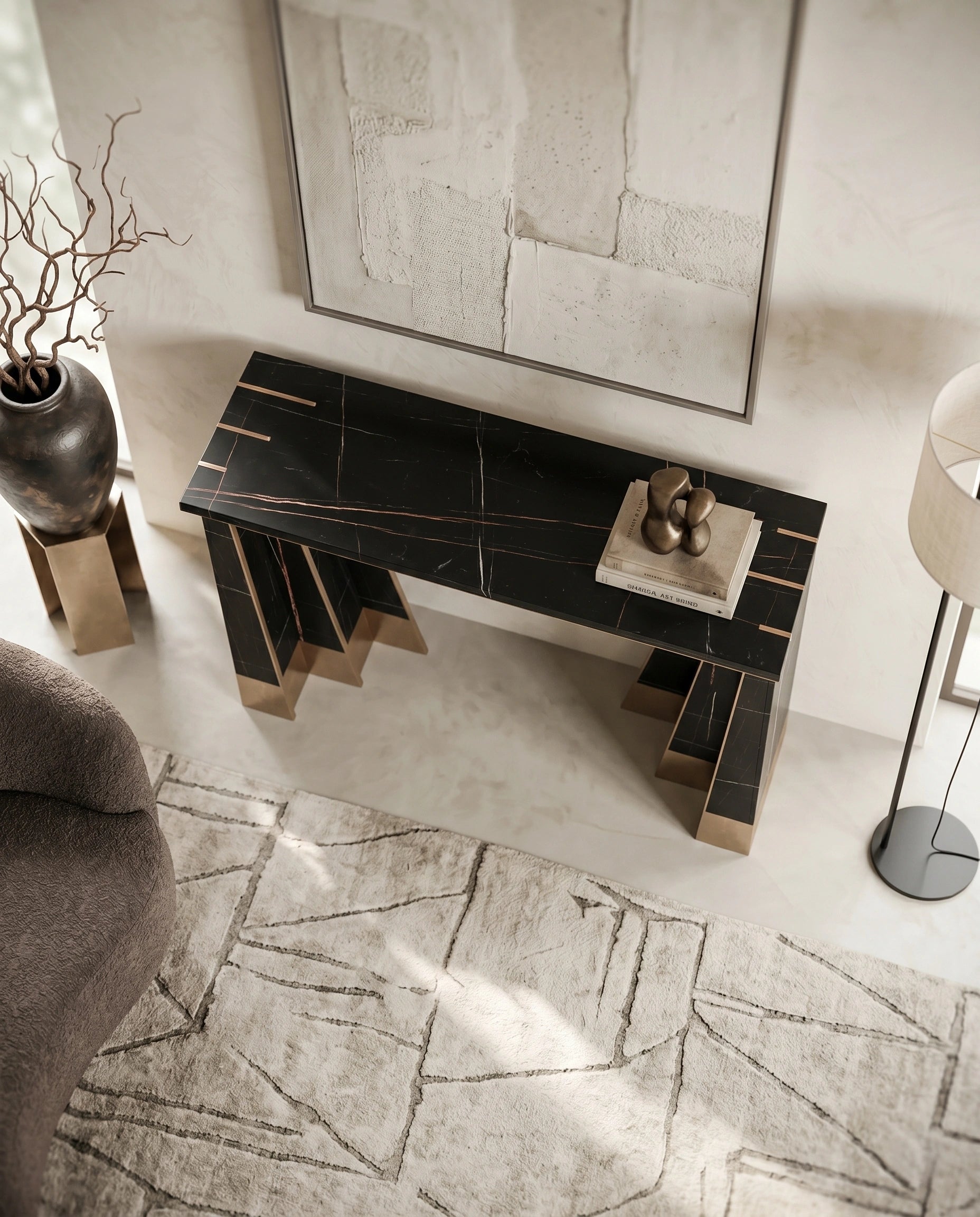 Art Deco Black Marble & Gold Geometric Console Table Arris Concepts