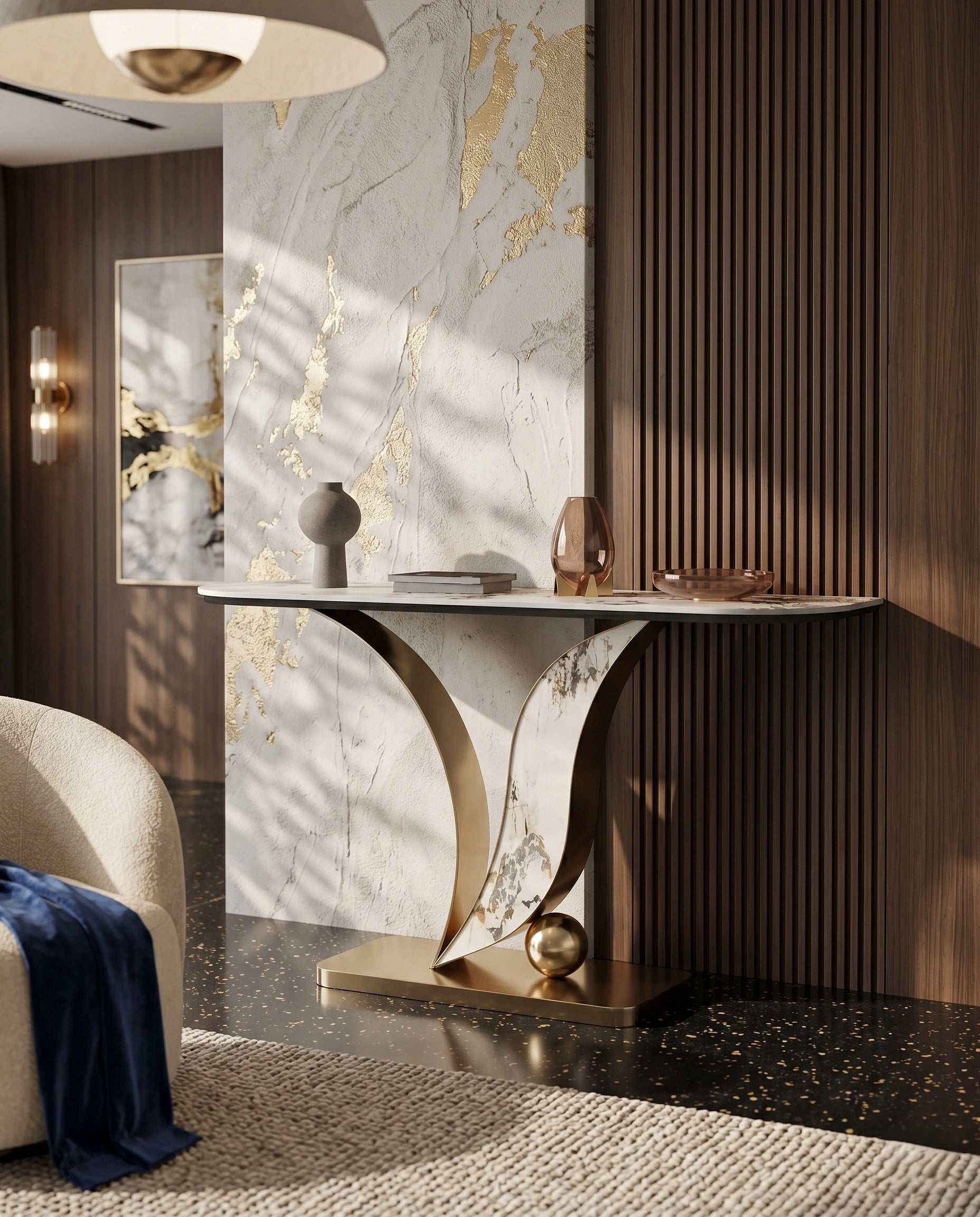 Sculptural Curved Onyx & Gold Asymmetrical Console Table Arris Concepts