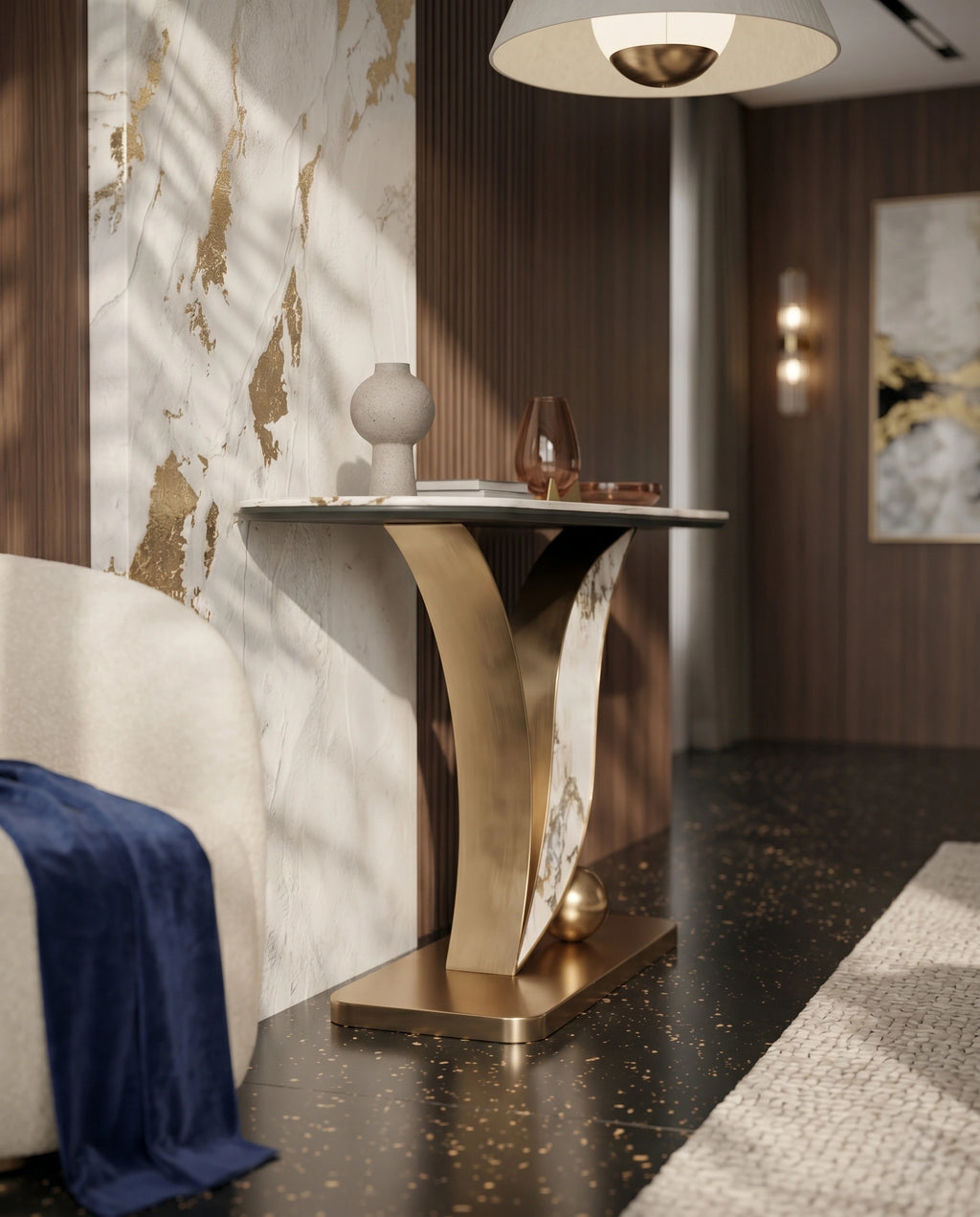 Sculptural Curved Onyx & Gold Asymmetrical Console Table Arris Concepts