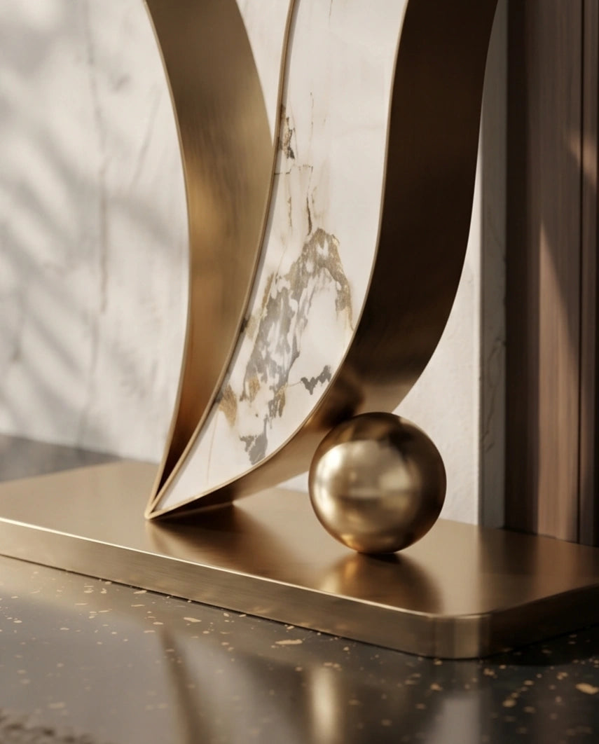 Sculptural Curved Onyx & Gold Asymmetrical Console Table Arris Concepts