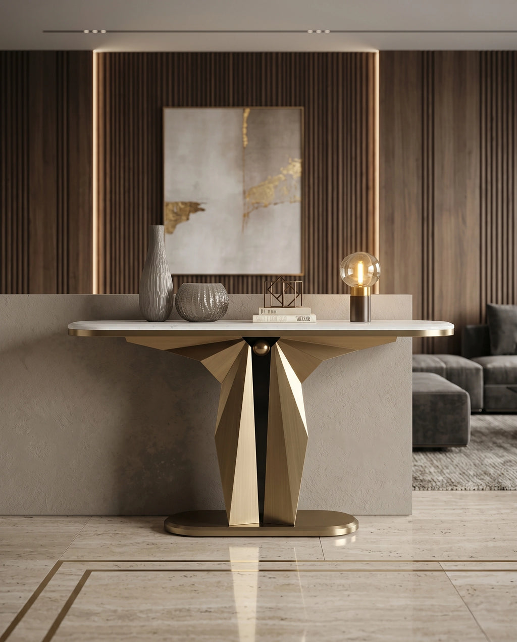 Sculptural Geometric Gold & Marble Console Table Arris Concepts