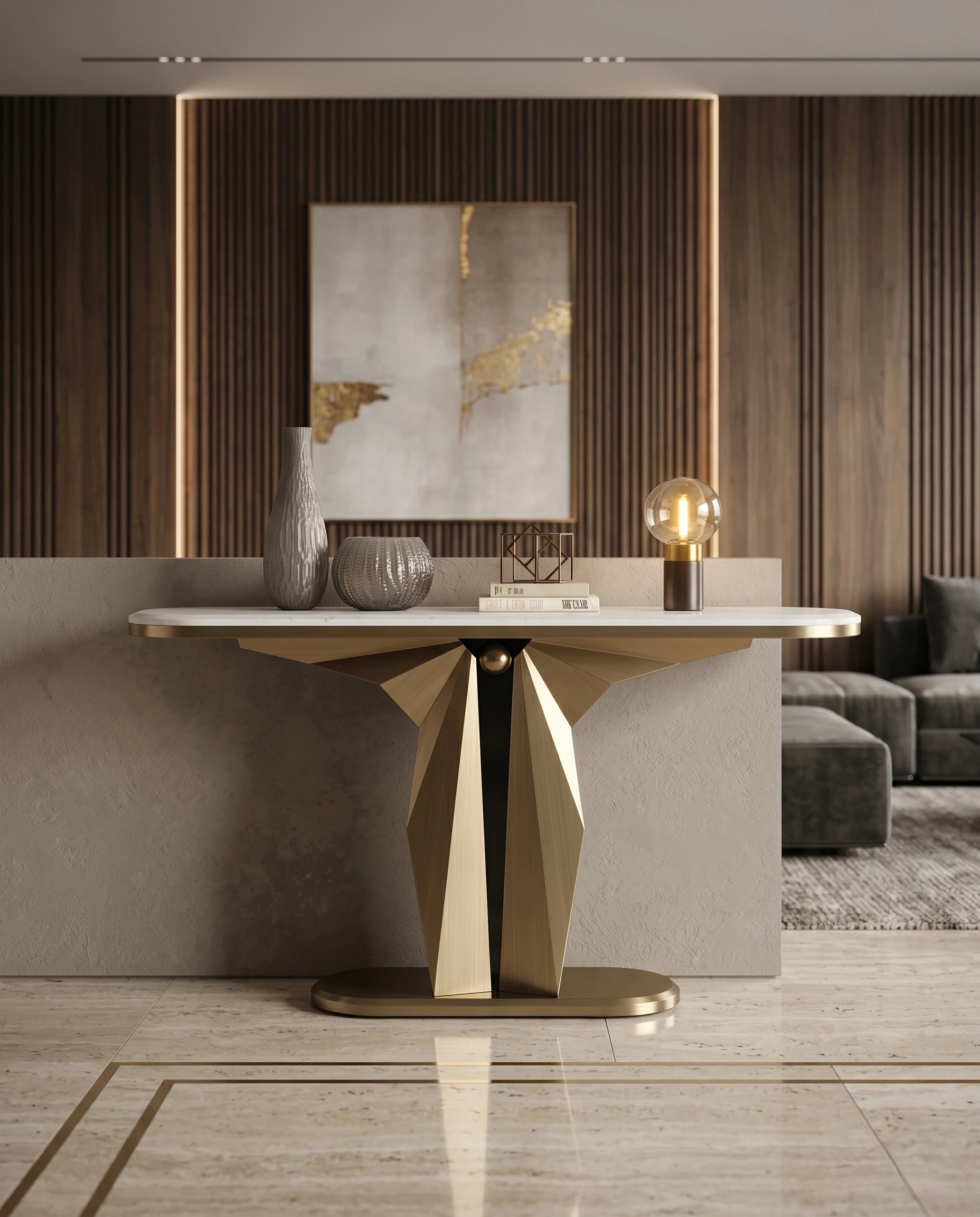Sculptural Geometric Gold & Marble Console Table Arris Concepts