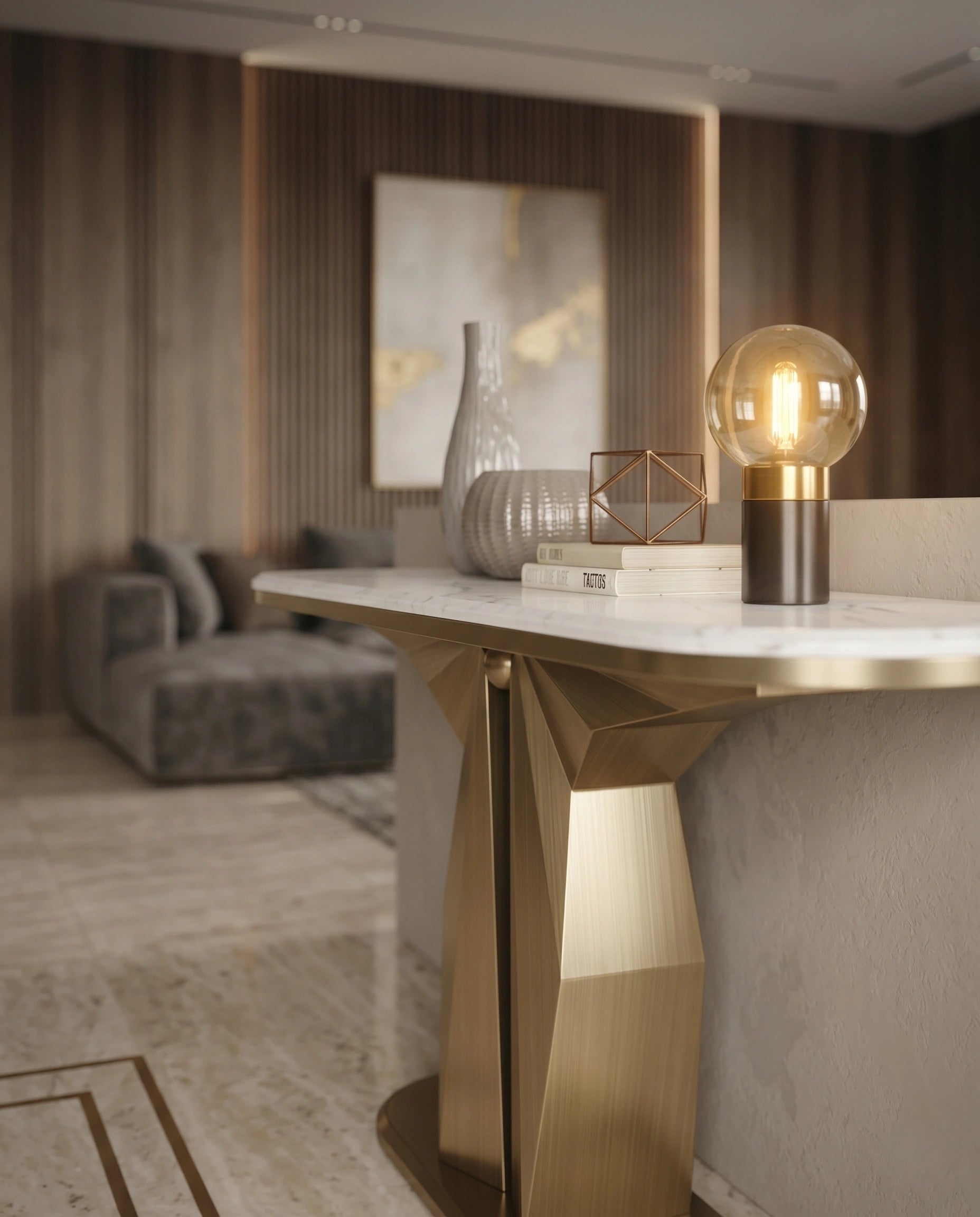 Sculptural Geometric Gold & Marble Console Table Arris Concepts