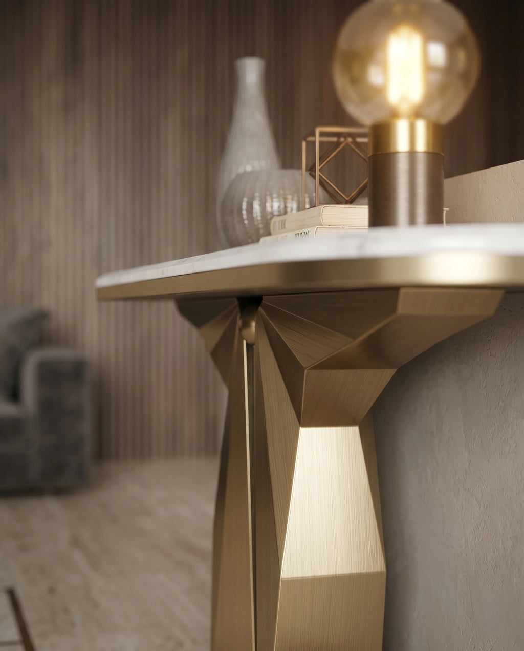 Sculptural Geometric Gold & Marble Console Table Arris Concepts