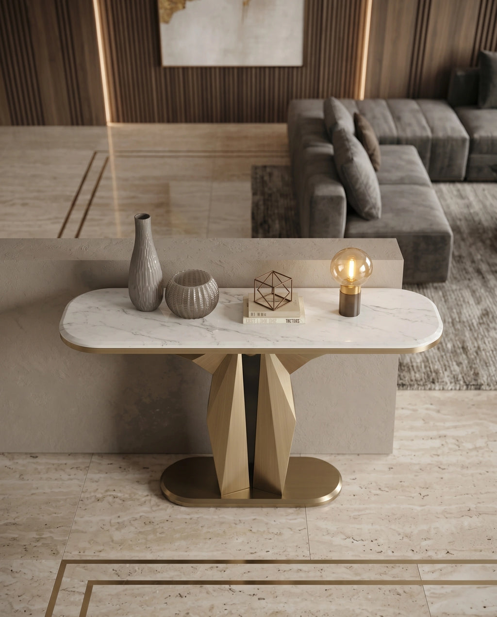 Sculptural Geometric Gold & Marble Console Table Arris Concepts